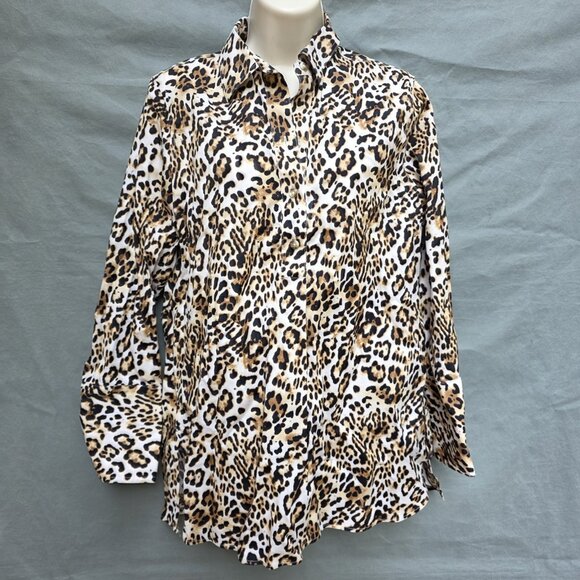 Chico's Size 0 I US 4/6 Small Leopard Cheetah Print No Iron Shirt Collared - Picture 1 of 5